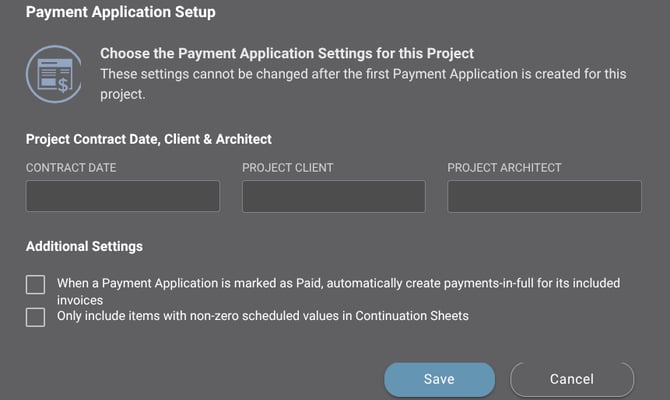 ConstructionOnline's Payment Application Setup for a Project