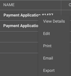 ConstructionOnline's Right-Click dropdown menu for Payment Applications