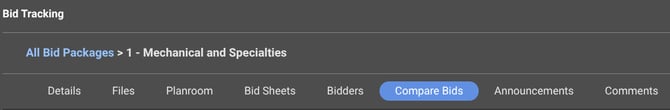 ConstructionOnline's Compare Bids tab in Bid Tracking