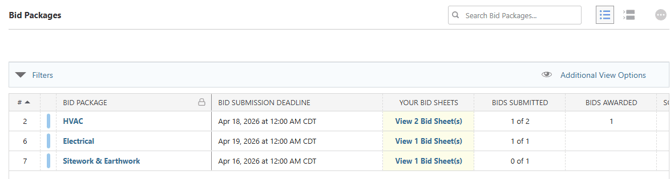 ConstructionOnline's Bid Packages List view