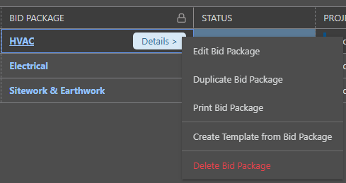 ConstructionOnline's right-click options for Bid Packages
