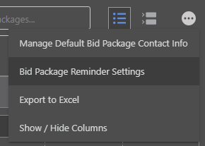 ConstructionOnline's Bid Package Reminder Settings in the gray three-dot Action Menu