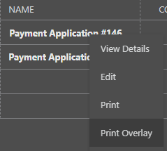 ConstructionOnline's Print Overlay option in Payment Applications
