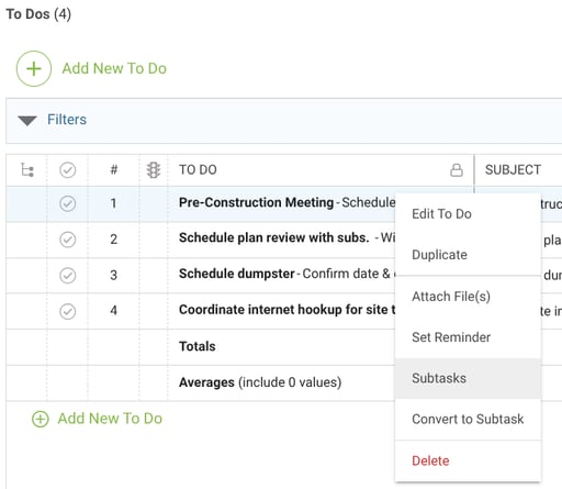 ConstructionOnline's Subtasks option in To Dos