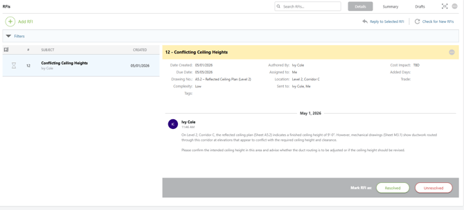 ConstructionOnline's RFI details pane