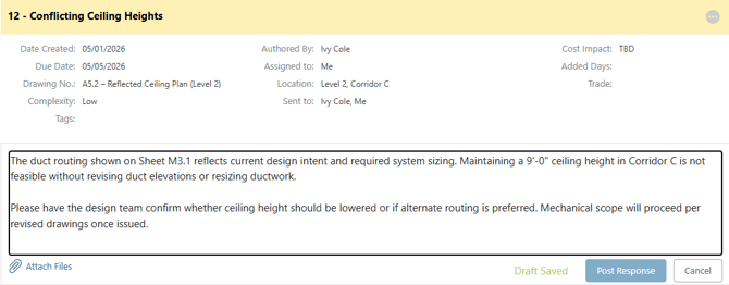 the RFI Response textbox in ConstructionOnline