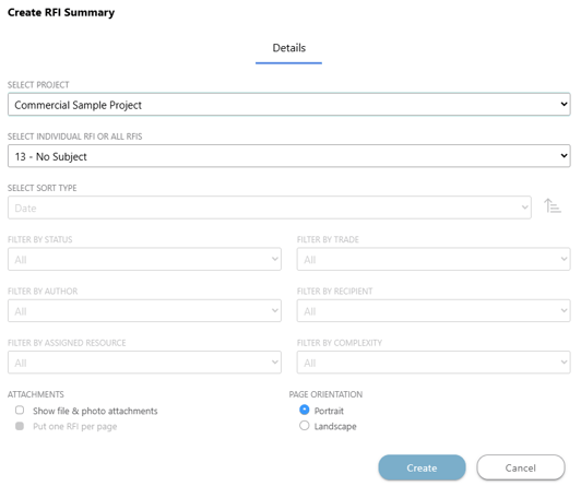 ConstructionOnline's RFI Summary report configuration options