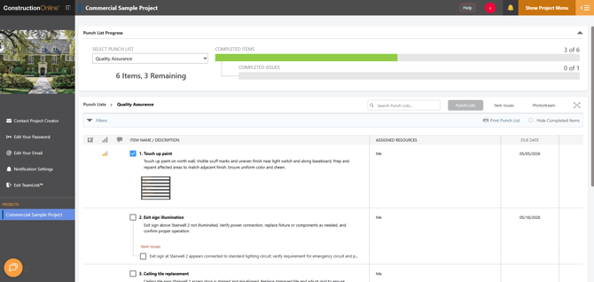 ConstructionOnline's Punch List feature within the Portal