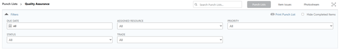 ConstructionOnline's Punch List filter options