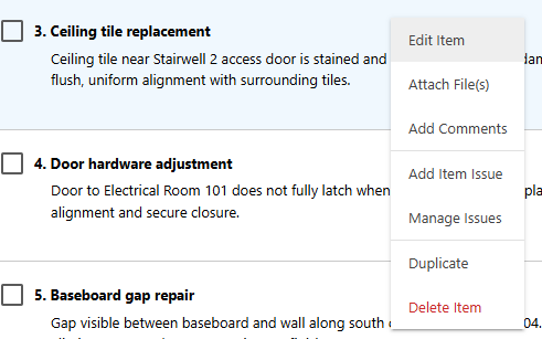 ConstructionOnline's Edit option for Punch List Items