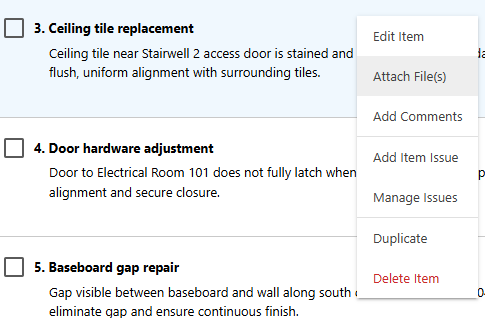 ConstructionOnline's Attach Files option for Punch List Items