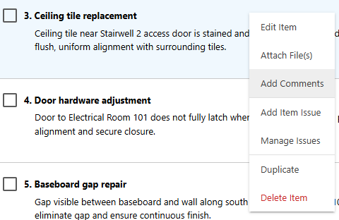ConstructionOnline's Add Comments option for Punch List Items 