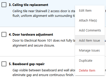ConstructionOnline's Add Item Issue option in Punch Lists