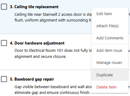 ConstructionOnline's Duplicate option in Punch Lists