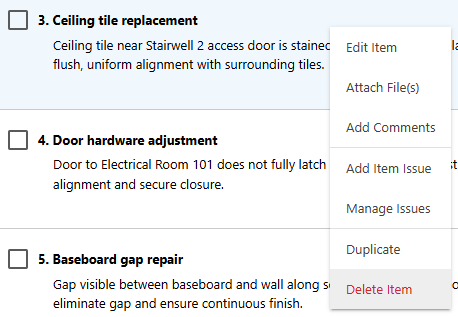 ConstructionOnline's option to delete a Punch List Item