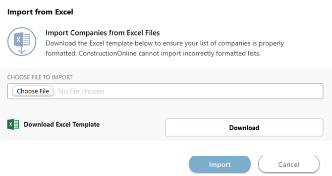 ConstructionOnline's Import Companies from Excel window