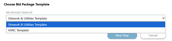 Bid Package Template dropdown menu in ConstructionOnline