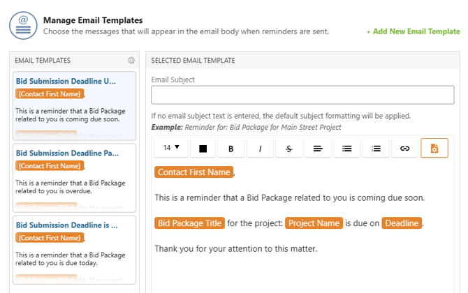 ConstructionOnline's default/preset email templates for Bid Package Reminders