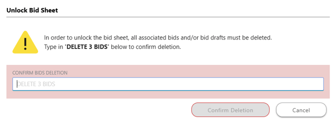 ConstructionOnline Bid deletion prompt to unlock Bid Sheet line items