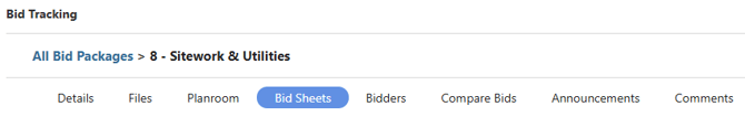 Bid Sheets tab in ConstructionOnline