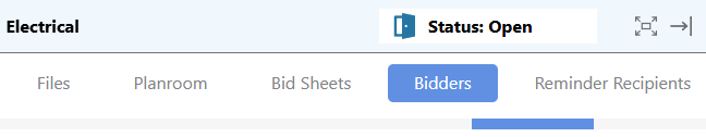 ConstructionOnline's "Bidders" tab within a Bid Package 