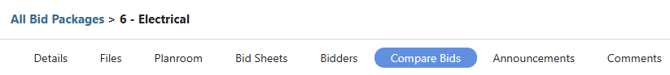 ConstructionOnline's Compare Bids tab in Bid Tracking