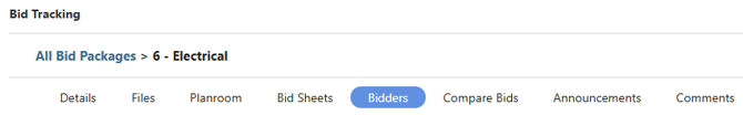 ConstructionOnline's Bidders tab within a Bid Package