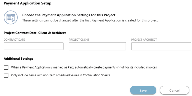 ConstructionOnline's Payment Application Setup for a Project