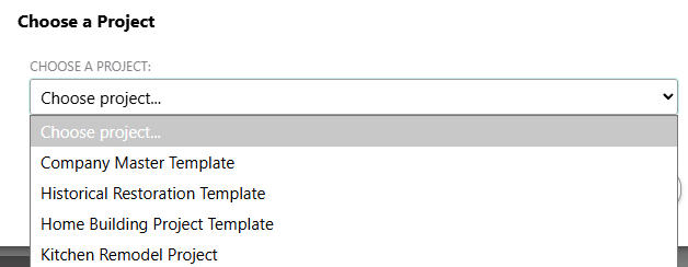 ConstructionOnline's "Choose a Project" dropdown menu for creating a new Warranty from the Company Overview section