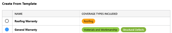 ConstructionOnline's "Create From Template" window in Warranty Tracking