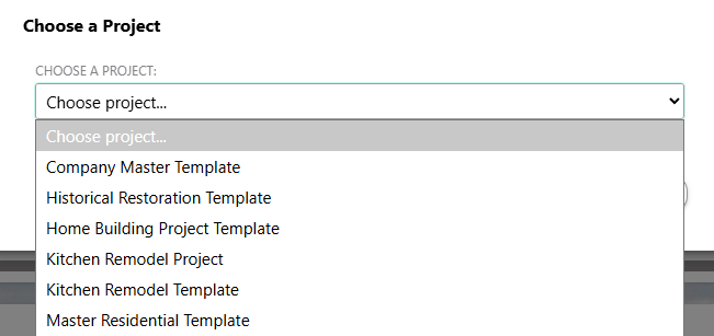 ConstructionOnline's "Choose a Project" window