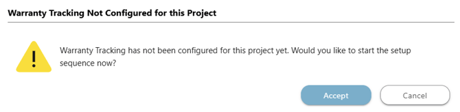 ConstructionOnline's Setup sequence prompt for Warranty Tracking