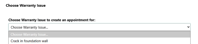 ConstructionOnline's "Choose Warranty Issue" dropdown window