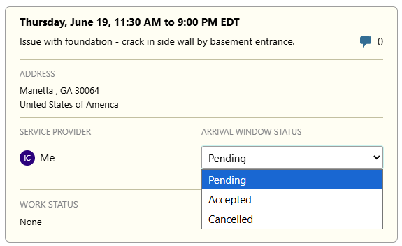 ConstructionOnline's Arrival Window Status options