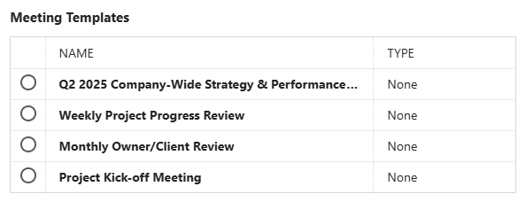 Select a Meeting Template to use to create a new Meeting from within ConstructionOnline's Meeting Minutes feature