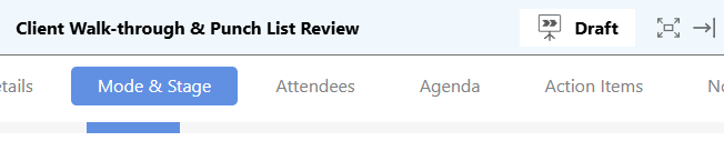 Access the Mode & Stage tab to confirm a Meeting's Stage in ConstructionOnline's Meeting Minutes feature