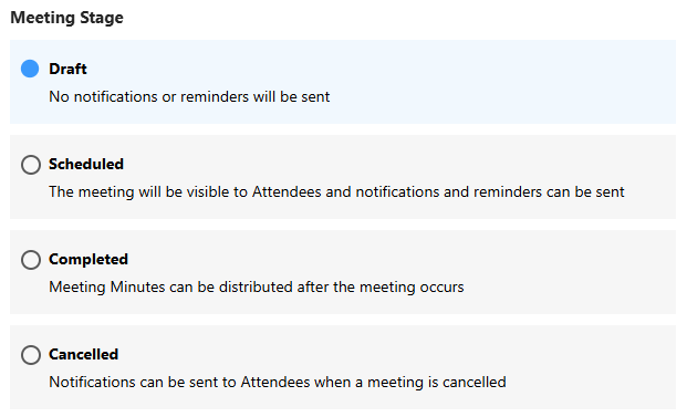 Available Meeting Stages for construction meetings in ConstructionOnline - Draft, Scheduled, Completed, and Cancelled