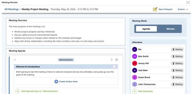 Access Meeting Agenda Report in ConstructionOnline's Meeting Minutes software