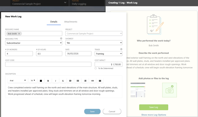 ConstructionOnline's Work Log in the Daily Logging feature