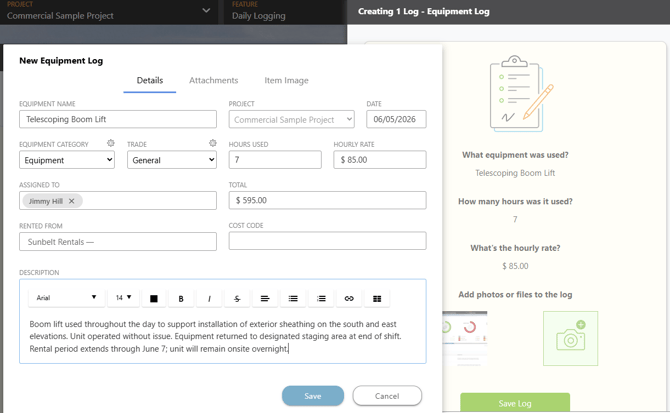 ConstructionOnline's Equipment Log in the Daily Logging feature