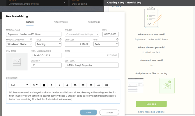 ConstructionOnline's Material Log in the Daily Logging feature