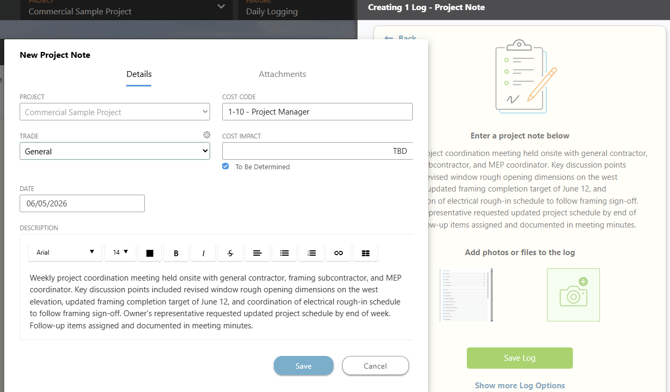 ConstructionOnline's Project Note log in the Daily Logging feature