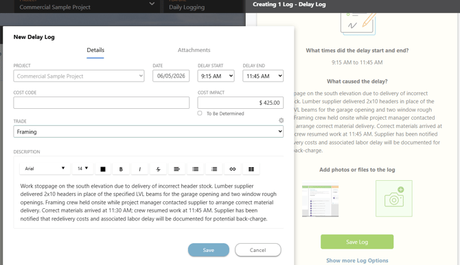 ConstructionOnline's Delay Log in the Daily Logging feature