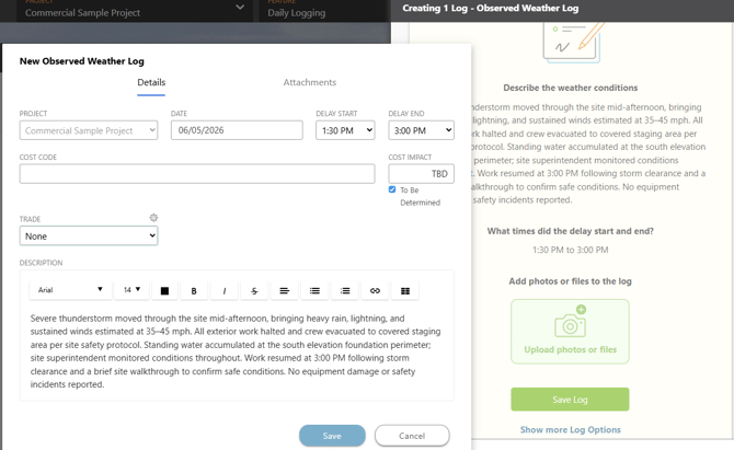 ConstructionOnline's Observed Weather Log in the Daily Logging feature