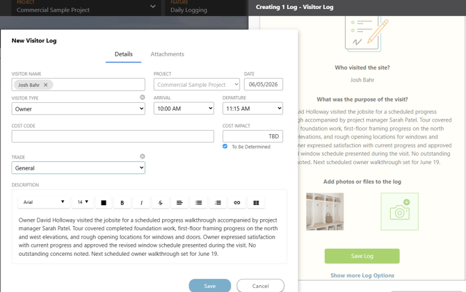 ConstructionOnline's Visitor Log in the Daily Logging feature