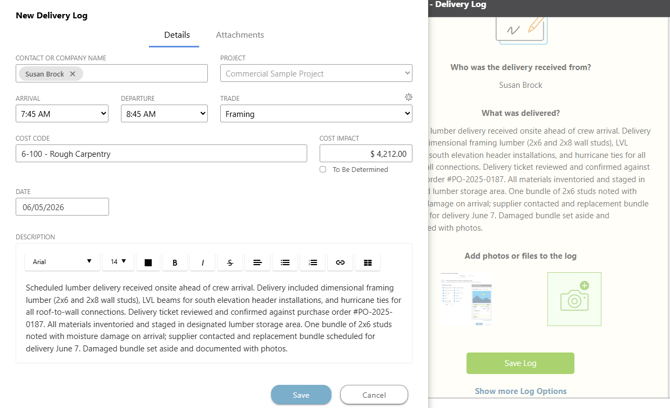 ConstructionOnline's Delivery Log in the Daily Logging feature
