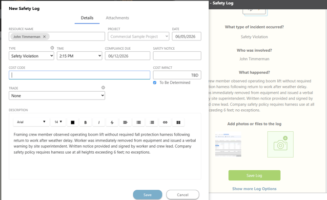 ConstructionOnline's Safety Long in the Daily Logging feature