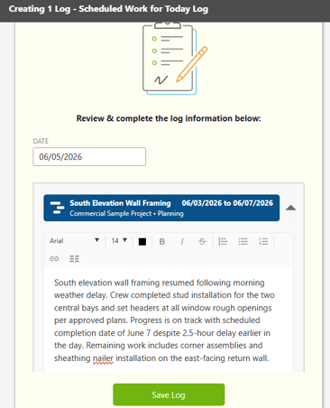 ConstructionOnline's Scheduled Work for Today log in the Daily Logging feature