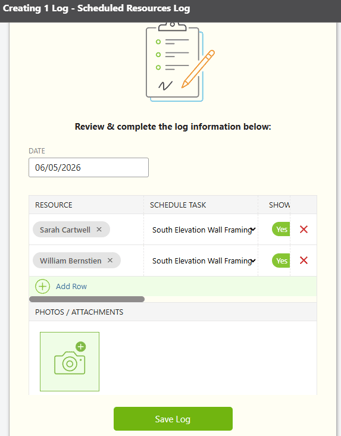 ConstructionOnline's Scheduled Resources Log in the Daily Logging feature