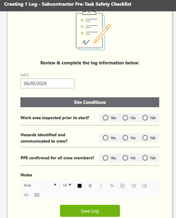 ConstructionOnline's Custom Log in the Daily Logging feature